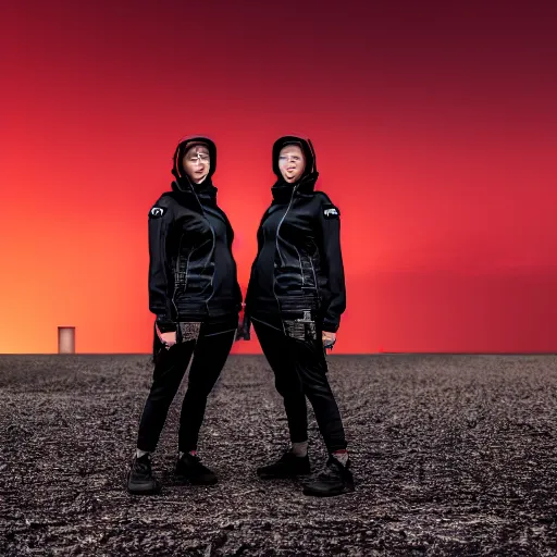 Image similar to photographic portrait of 2 techwear women in front of a brutalist metal building, on a desolate plain, red sky, sigma 8 5 mm f / 1. 4, 4 k, depth of field, high resolution, octane render 4 k, 8 k, hd, full color, trending on artstation