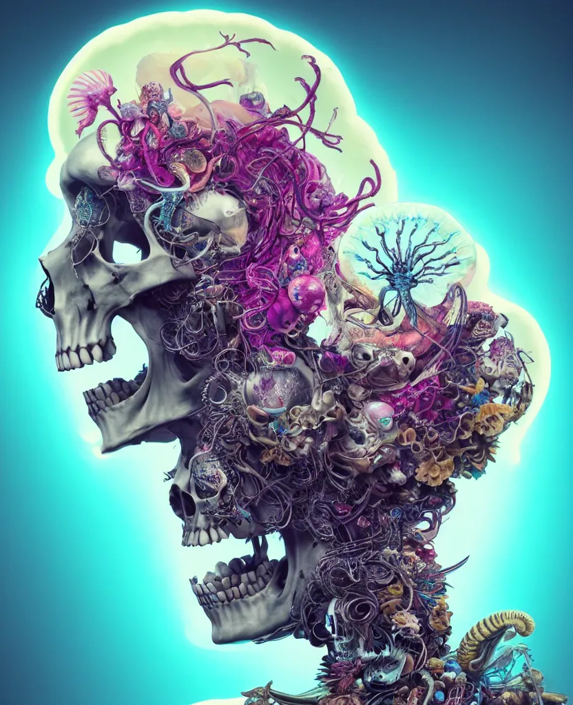 Image similar to goddess close-up portrait skull with mohawk, ram skull, skeleton, thorax, x-ray, backbone, jellyfish phoenix head, nautilus, orchid, skull, betta fish, bioluminiscent creatures, intricate artwork by Tooth Wu and wlop and beeple. octane render, trending on artstation, greg rutkowski very coherent symmetrical artwork. cinematic, hyper realism, high detail, octane render, 8k