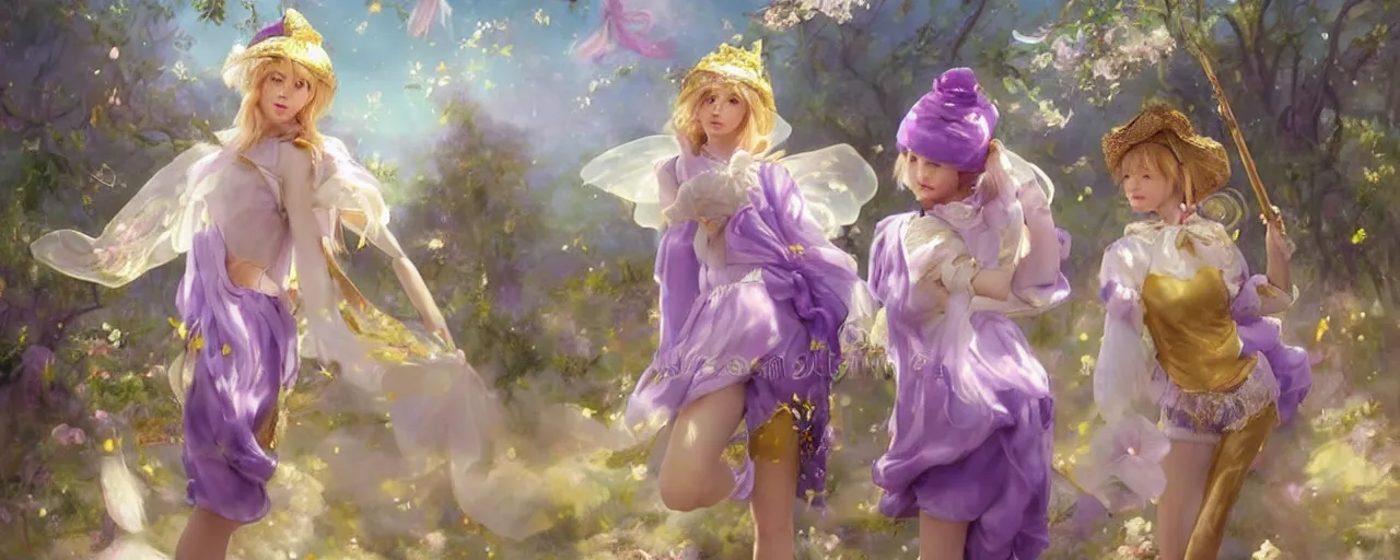 Prompt: Full View of mysterious fairy maidens with short blond hair wearing an oversized purple Beret, Baggy Purple overall shorts, Short Puffy pants made of silk, silk shoes, a big billowy scarf, Golden Ribbons, white leggings Covered in stars. Short Hair. peasant magic. masterpiece 4k digital illustration by Ruan Jia and Mandy Jurgens and Artgerm and greg rutkowski , award winning, Artstation, art nouveau aesthetic, Alphonse Mucha background, intricate details, realistic, panoramic view, Hyperdetailed, 8k resolution, intricate art nouveau, smooth, sharp focus. Rhythmic gymnastics poses