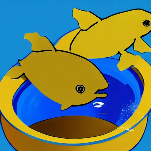 Image similar to there are two round water bowls on a blue table with a blue background. a gold fish is jumping from one bowl to the other one