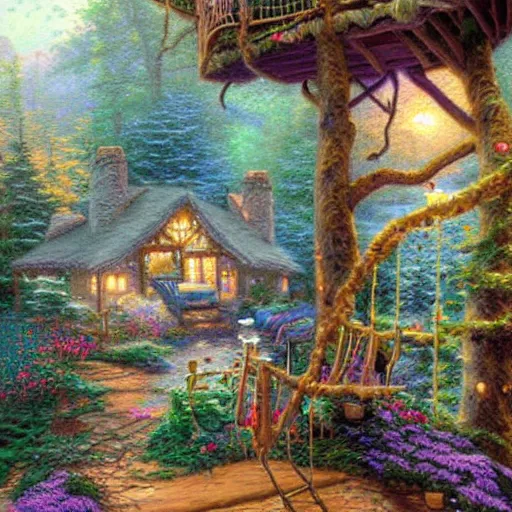 Prompt: cozy treehouse interior by Thomas Kinkade