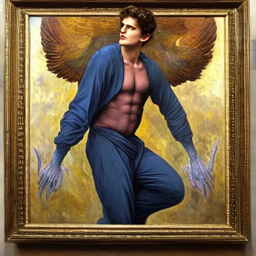 Image similar to Oil painting of the handsome Daniel Sharman in modern clothes, with blue devil wings, naturalism, dramatic lighting, high-detailed oil painting by Ilya Repin, Michelangelo da Caravaggio, William Blake, Alex Grey and Beksinski, trending on Artsatio, masterpiece, 4k, 8k,