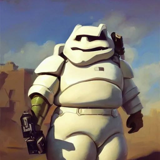 Prompt: greg manchess portrait painting of armored stay puft marshmallowman as overwatch character, medium shot, asymmetrical, profile picture, organic painting, sunny day, matte painting, bold shapes, hard edges, street art, trending on artstation, by huang guangjian and gil elvgren and sachin teng