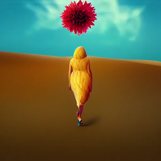 Prompt: closeup giant dahlia flower as head, a girl walking between dunes, surreal photography, sunrise, blue sky, dramatic light, impressionist painting, digital painting, artstation, simon stalenhag