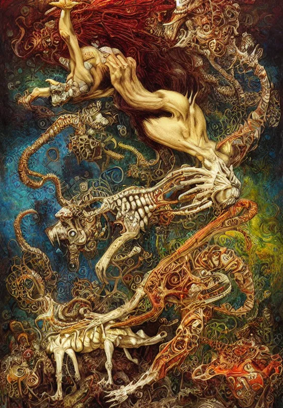 Image similar to simplicity, colorful muscular eldritch animals radiating town fractal, white bones, colorful gems, by h. r. giger and esao andrews and maria sibylla merian eugene delacroix, gustave dore, thomas moran, pop art, chiaroscuro, biopunk, art nouveau