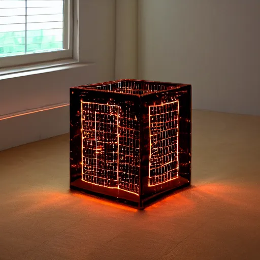 Prompt: a transparent cube containing copper rings and a grid of lights