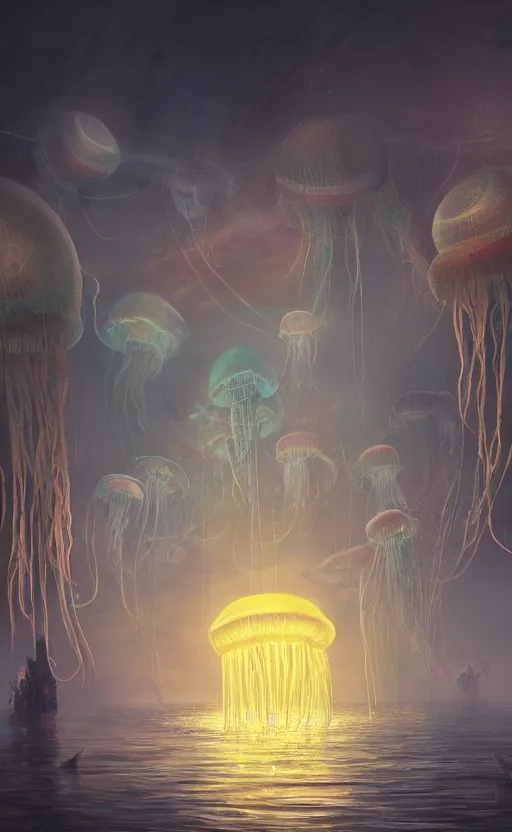 Prompt: glowing jellyfish immigration down a river, evocative, mystical night, detailed, award winning, masterpiece digital painting by Greg Rutkowski, Alex Grey, artstation, 4k wallpaper