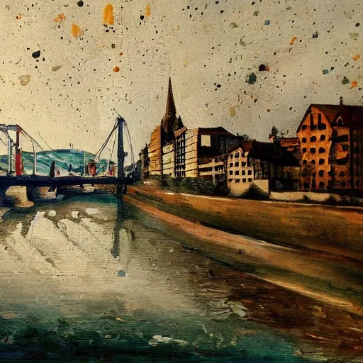 Image similar to very abstract painting of the rhine in basel, very rough brush strokes and splatters, oil on canvas, muted colors, great composition, by christ