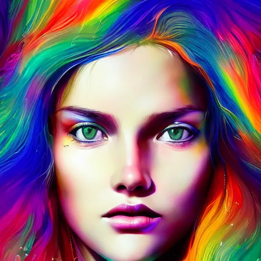 Prompt: an intricate digital illustration depicting of a beautiful woman portrait, by hiper detailed inkdrop in water, fusion of colorful rainbows, fluid acrilic art, colorfull, excelent composition, by wlop, by zero akuma, by n i x e u, octane render, artstation -