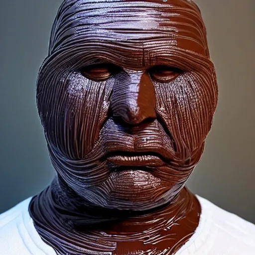 Image similar to a 53 year old man, made of chocolate. overweight, long face, wide face, chubby face, handsome, with a goatee beard, very short shaved gray hair, heavy-set lower jaw, brown eyes, wide nose