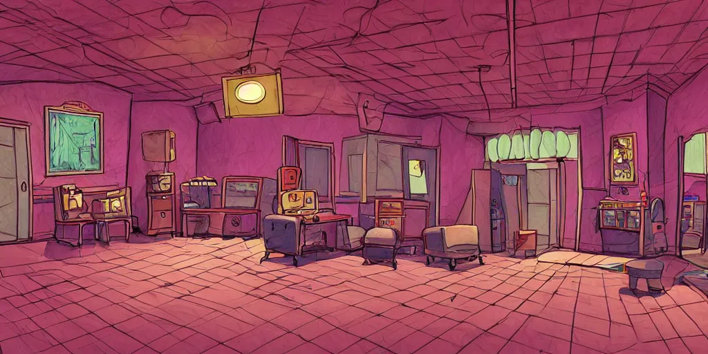 Image similar to a dimly lit, theater dressing room, with a mirror, a chair, a couch, day of the tentacle style, drawn by Peter Chan, 5 point perspective