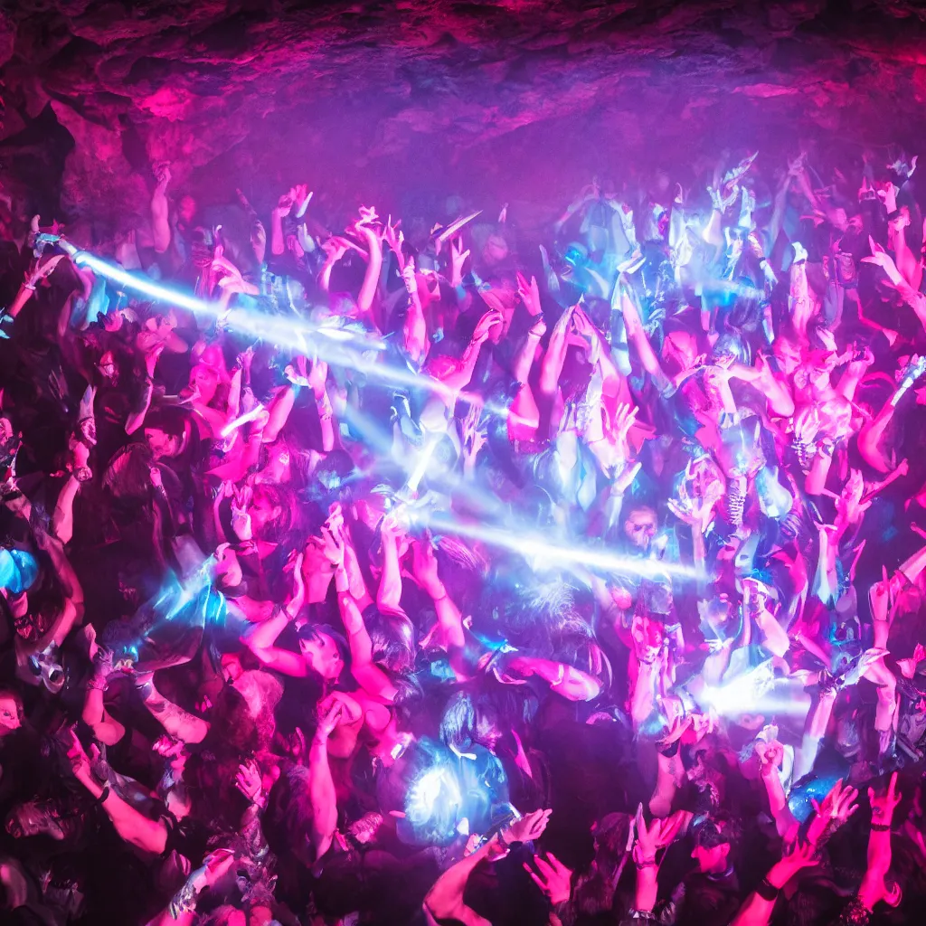 Image similar to cinematic shot of a goth nightclub rave in a cave, brutal weaponry made of pink lasers and blue crystals, 8k photograph