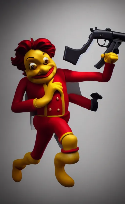 Prompt: ronald mcdonald robbing a bank holding a gun. he has taken hostages. high quality. unreal engine, embers flying, hyper realism, realistic shading, cinematic composition, blender render, octane render, ultrawide shot, photorealistic. hq. hd. 4 k. award winning. trending on artstation