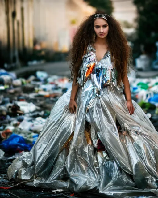 Image similar to a beautiful photo of a Young female with long hair and reflective eyes, Queen of trash wearing a gown made of plastic bags and trash, surrounded by trash all around and in the background, top cinematic lighting , very detailed, shot in canon 50mm f/1.2