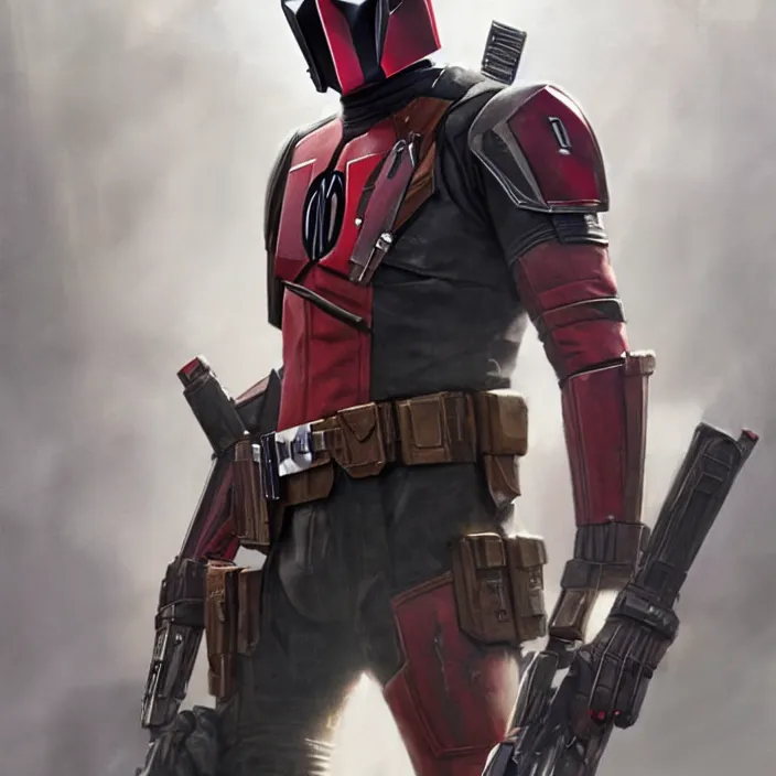 Image similar to mandalorian deadpool, futuristic, dramatic light, soft, sharp focus, concept art by greg rutkowski and ruan jia