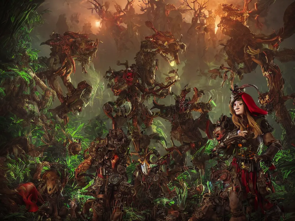 Prompt: red ridding hood and a troop of gamekeepers hunting on mystical monsters in forest. all wearing a steampunk and neonpunk mechanical fluorescent mystical animal masks. realistic fornite style. full body. product introduction photos. luminescent, elements, by stanley artgerm lau. epic cinematic shot, perfectly defined features, ambient occlusion