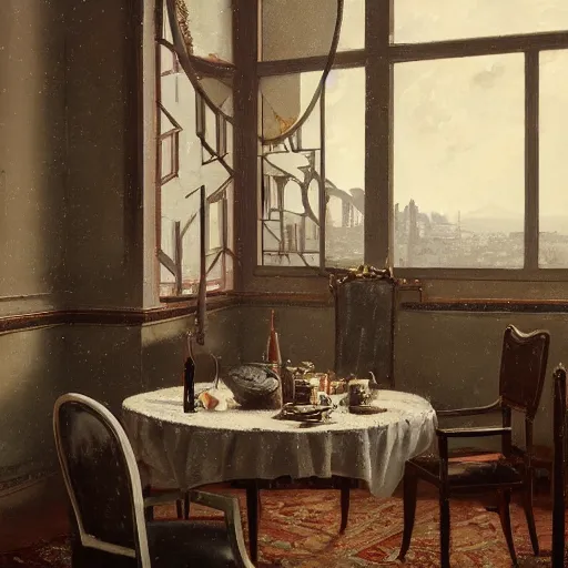 Prompt: Detailed matte painting glamour shot of a dapper male sitting at a dining table with large fancy feast meal by Karol Bak and Thomas Eakins, centered, inside interior Victorian art deco elegant dining room with large windows with view of Florence Italy by Lee Madgwick and Canaletto, by Beeple, unreal engine, trending on artstation behance 500px, Victorian, Calvin Coolidge, Famous artwork by Van Gogh hanging on walls, volumetric lighting, cinematic lighting, realistic lighting, detailed lighting, 4k hd wallpaper