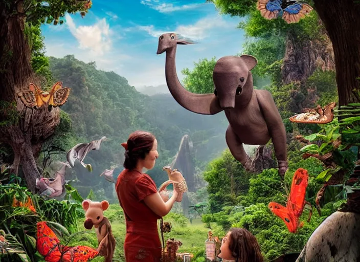 Prompt: 🦩🪐🐞👩🏻🦳, lowbrow, 8 k, matte painting, in the style of brad parker,