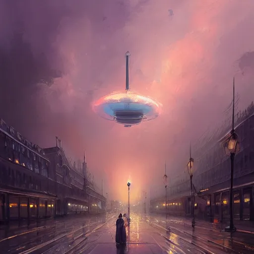 Prompt: a beautiful artwork painting of an alien mothership hovering above rainy victorian london at sunset, by andreas rocha, featured on artstation