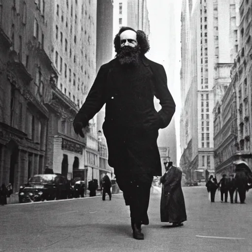 Image similar to a photograph of Karl Marx walking down wall street in New York