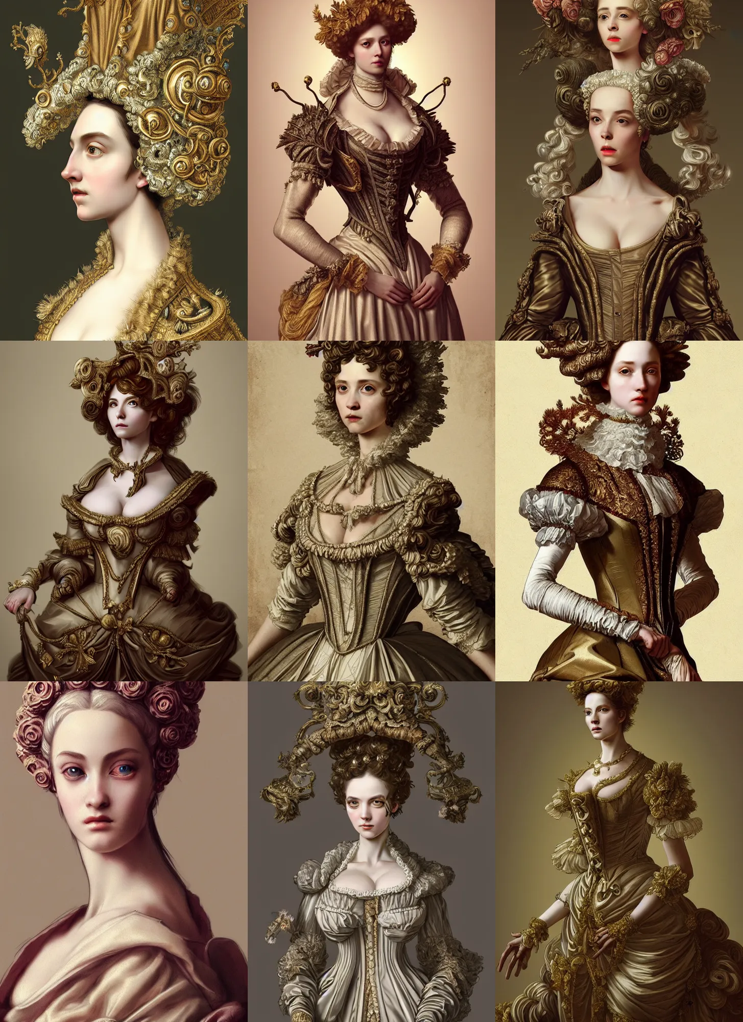 Prompt: baroque period clothing pictures, masterpiece, intricate, biopunk, vogue, highly detailed, artstation, concept art