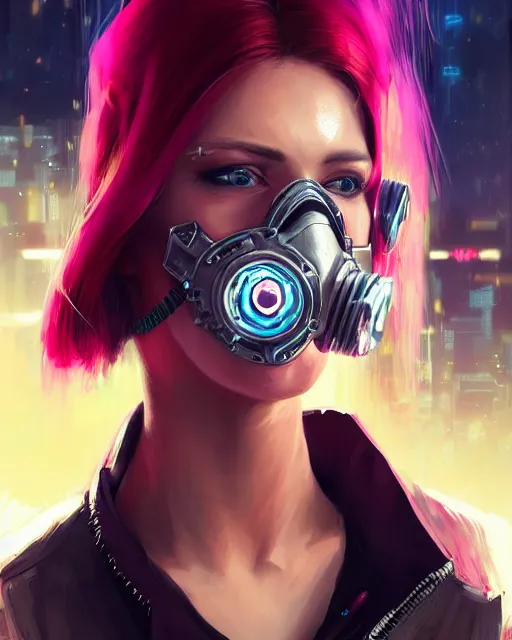 Prompt: blonde female rouge assassin running, wearing cyberpunk intricate streetwear, respirator, beautiful, detailed portrait, cell shaded, 4 k, vivid colours, concept art, by wlop, ilya kuvshinov, artgerm, krenz cushart, greg rutkowski, pixiv. cinematic dramatic atmosphere, sharp focus, volumetric lighting, cinematic lighting, studio quality