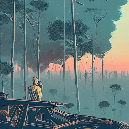 Image similar to Stunning illustration of single cyberpunk explorer overlooking lush forest filled with abandoned cars and robots , highly detailed, sunset, by Victo Ngai and James Gilleard , Moebius, Laurie Greasley