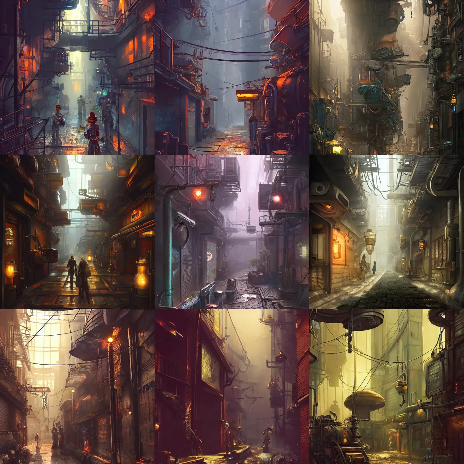 Prompt: a steamy, mechanical dieselpunk alleyway from an alternate future. bright scene. fine detail. this 4 k hd image is trending on artstation, featured on behance, well - rendered, extra crisp, features intricate detail, epic composition and the style of unreal engine.