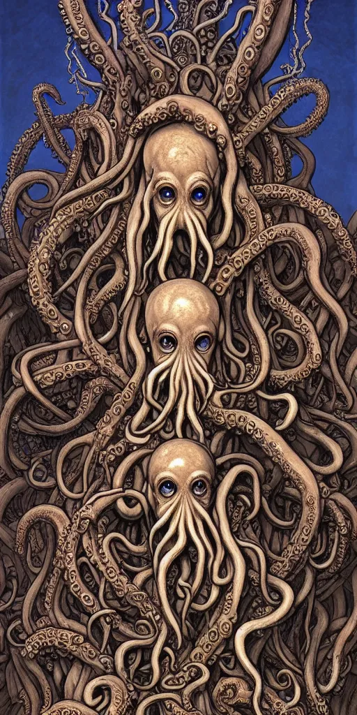 Image similar to group of human mages with octopus heads arguing with prehistoric jellyfish medusa colossal head in an ancient mage castle hall enormous scale, gothic and baroque, brutalist architecture, ultradetailed, Intricate by James Jean and Josan Gonzalez and John Howe and Giuseppe Arcimboldo