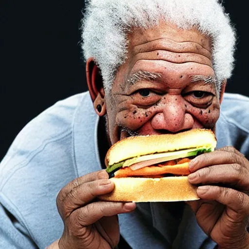 Image similar to a full length portrait of morgan freeman eating a subway sandwich