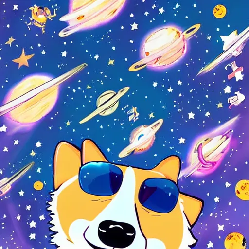 Prompt: corgi cosmonaut in outer space, anime, highly detailed, smooth, beautiful, cell shaded, colorful, stars