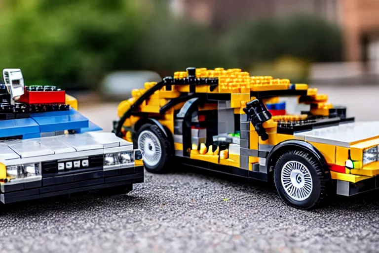 Prompt: lego 2 0 2 2 delorean time machine being dragged by a tow truck