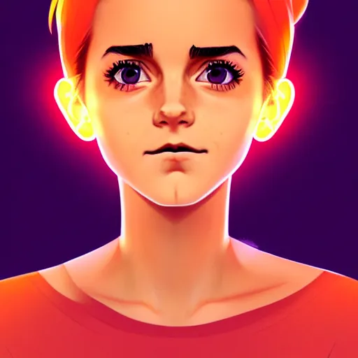 Image similar to beautiful anime girl, Emma Watson, orange glowing hair, sarcastic smiling, clear clean face, symmetrical face, blurry background, pose, trending on artstation, Alexandra Fomina artstation, face by Ilya Kushinov style, style by Loish, Norman Rockwell, painterly style, flat illustration, high contrast