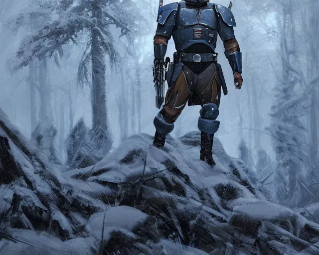 Prompt: jango fett killed 2 0 dead jedi, blood, in a snow forest, concept art highly detailed, great cinematic lighting, 8 k, depth of field, 3 d, art by greg rutkowski, trending on artstation, cinematographic shot