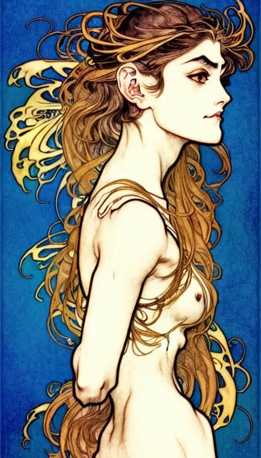 Image similar to in the style of artgerm, arthur rackham, alphonse mucha, phoebe tonkin, symmetrical eyes, symmetrical face, flowing blue skirt, hair blowing, full body, intricate filagree, hidden hands, warm colors, cool offset colors