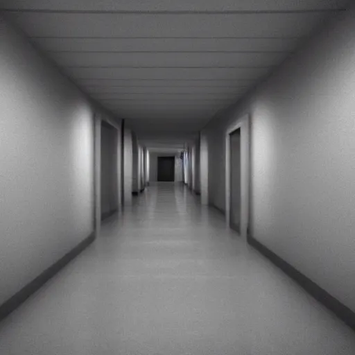 Image similar to the eerie halls of the scp foundation, unnerving mist, liminal