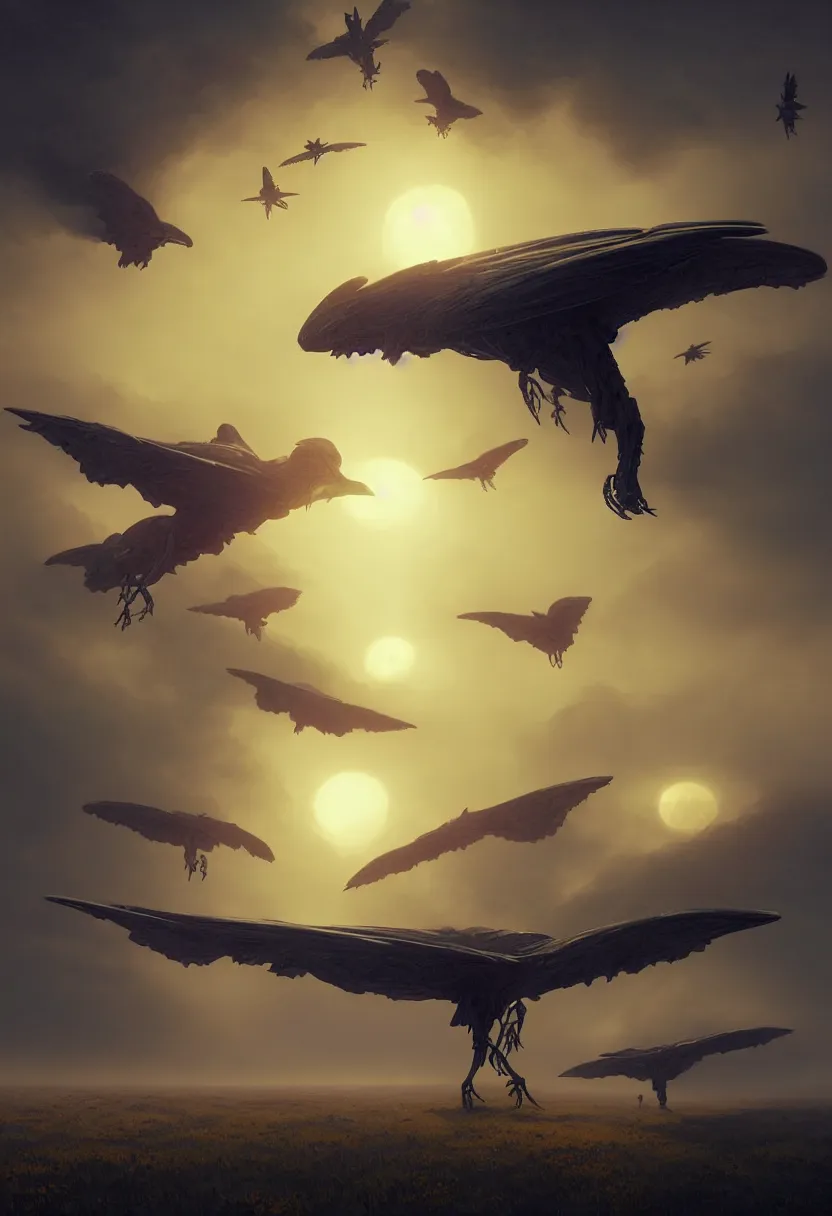 Image similar to strange alien birds flying up, autumn sunset, ultra high definition, ultra detailed, symmetry, fog, matte painting, by greg rutkowski and ross tran and wlop