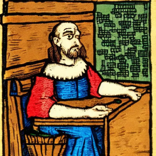 Prompt: a computer programmer from the medieval times, annoyed at work