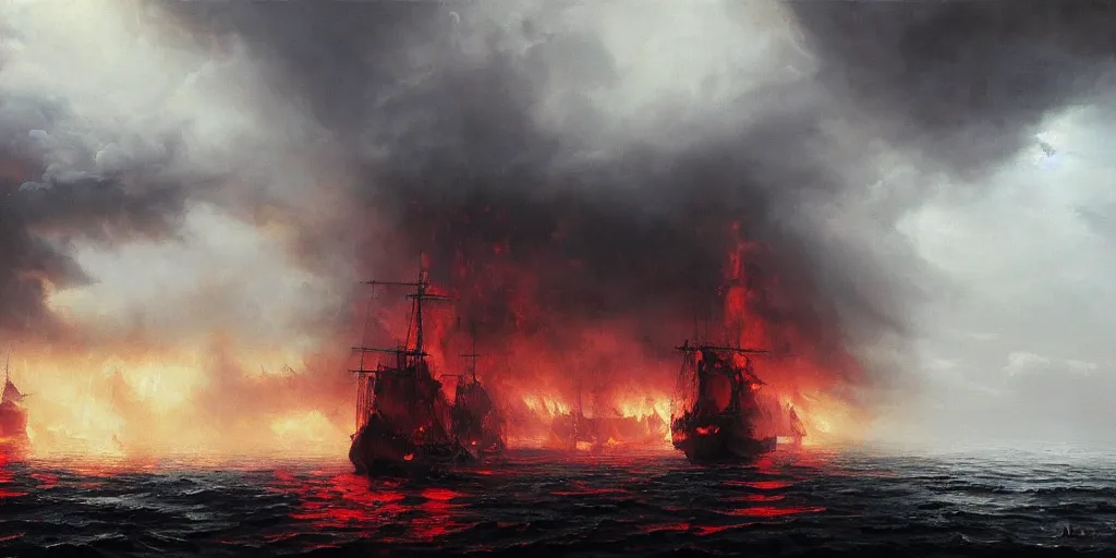 Prompt: Hyper realistic oil painting of several medieval ships burning brightly, pillars of dark smoke rising from the ships, dark red fire burning in the background, red lighting, stormy weather, dark storm clouds above, highly detailed, fog, moody cinematic lighting, atmospheric, dark, by Greg Rutkowski, trending on artstation