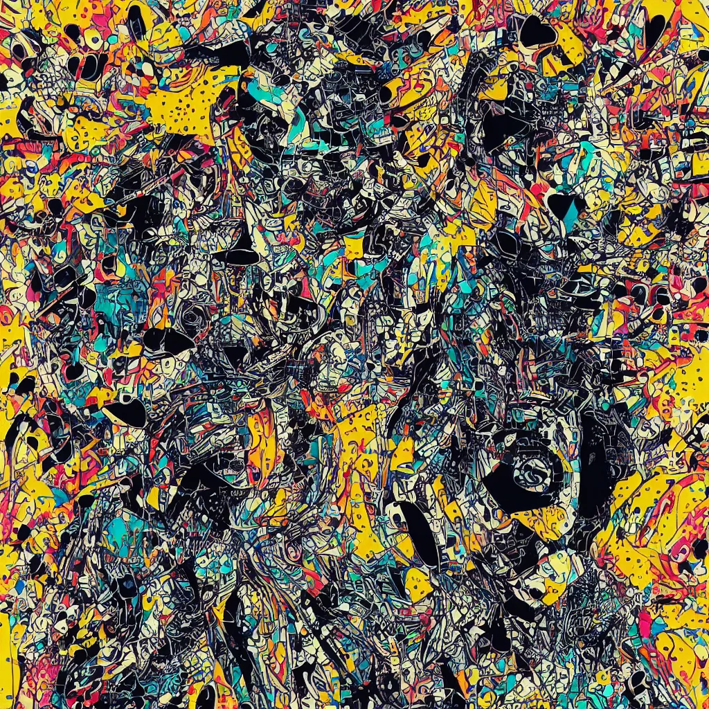 Image similar to person wearing mask, abstract, jet set radio artwork, ryuta ueda artwork, cryptic, rips, spots, asymmetry, stipple, lines, glitches, color tearing, pitch bending, stripes, dark, ominous, eerie, hearts, minimal, points, technical, natsumi mukai artwrok, folds