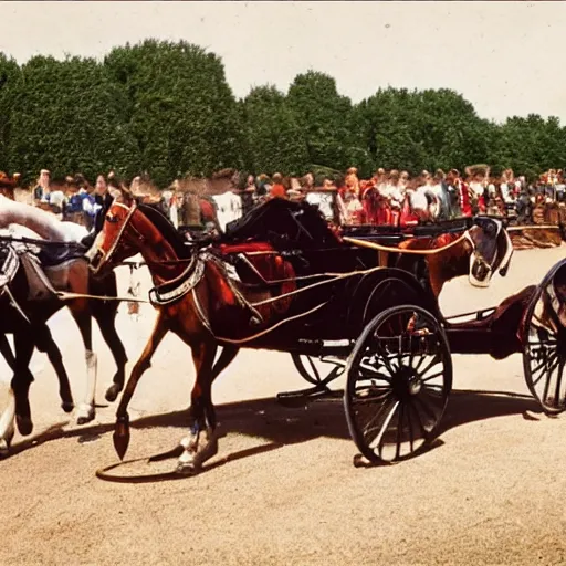 Image similar to lady catherine de bourgh from pride and prejudice drives her barouche box pulled by two horses on the formula 1 circuit of le mans. cinematic, technicolor, highly intricate