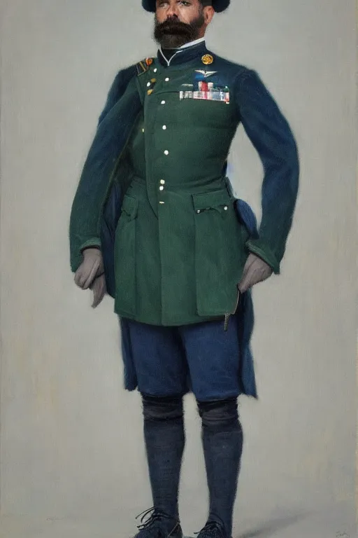 Image similar to full body portrait of the dictator of the minnesota timberwolves, 1 8 8 9, in full military garb, midnight blue, lake blue, moonlight grey and aurora green, oil on canvas by william sidney mount, trending on artstation