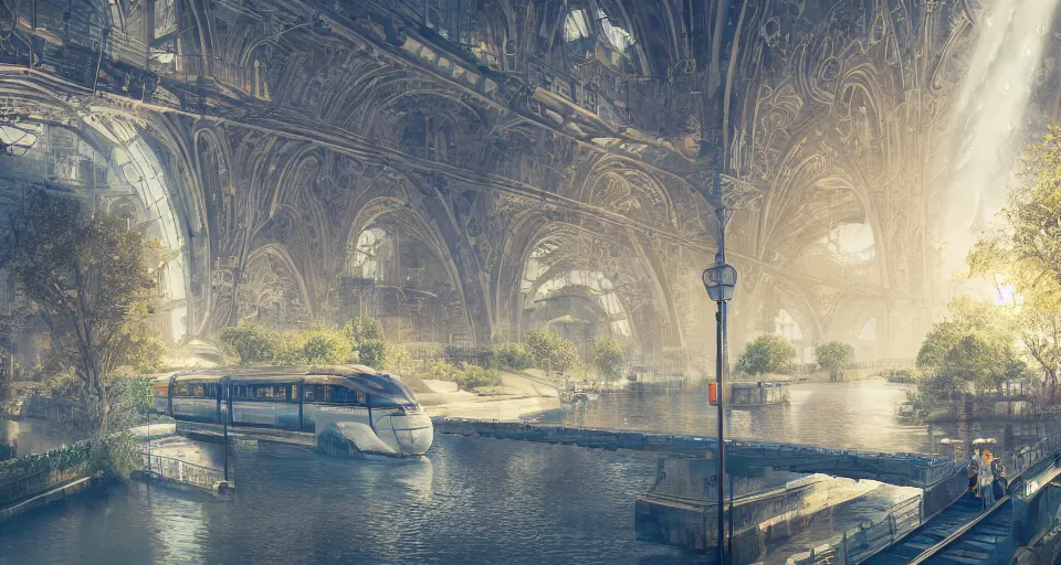 Image similar to An urban train rides inside of a waterway on a fantasy city, next to a fountain and a mystical palace, hyperdetailed, artstation, cgsociety, golden hour 8k, fractal flame