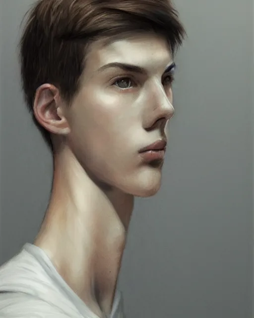 Image similar to portrait of 1 5 - year - old boy, a tall, slender boy with a pale, pointed face, white - blond hair, cold grey eyes, a pale complexion with sharp and pointed features, hyper realistic face, beautiful eyes, fantasy art, in the style of greg rutkowski, intricate, hyper detailed, smooth