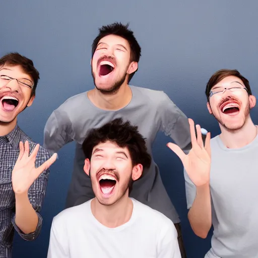 Image similar to several guys typing on keyboard while laughing very hard, mouth wide open tsticking tongues out, studio light, grey background, photorealsitic