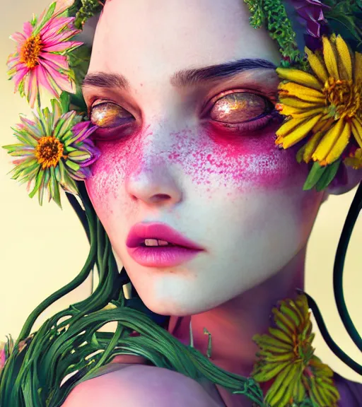 Prompt: very beautiful portrait of a flowerpunk girl, perfect face, visible pores, eye reflection, fantasy, sharp focus, concept art, summer vibrancy, intricate detail, dynamic lighting, hyperrealistic, close - up, octane render, unreal engine 5, daz,