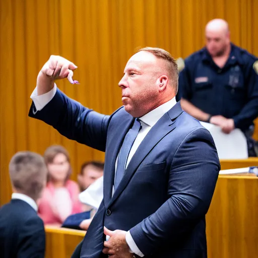 Prompt: Alex Jones desperately reaching for his out of reach phone in the courtroom, [EOS 5DS R, ISO100, f/8, 1/125, 84mm, RAW, sharpen, unblur]