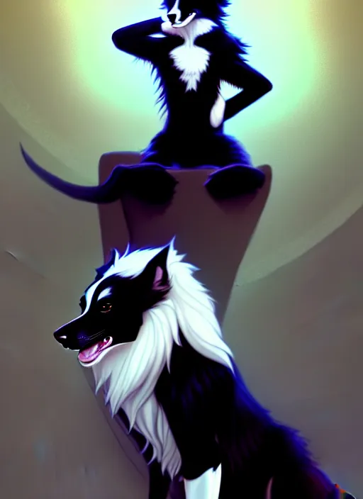 Prompt: wide angle beautiful full body portrait of a cute male anthropomorphic anthro border collie fursona wearing a black dress and sitting in a parlor room, character design by charlie bowater, henry asencio, and ross tran, furry art, furaffinity, beautiful, glamor pose, detailed, aesthetic, trending on artstation