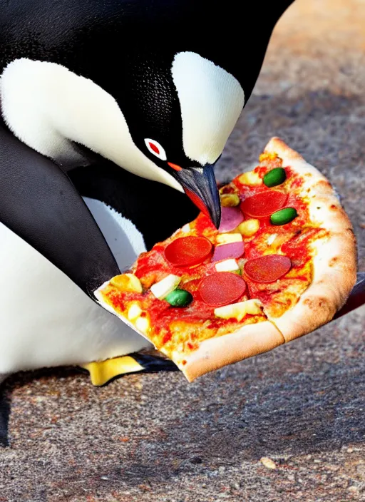 Image similar to photo of a penguin eating a pizza slice