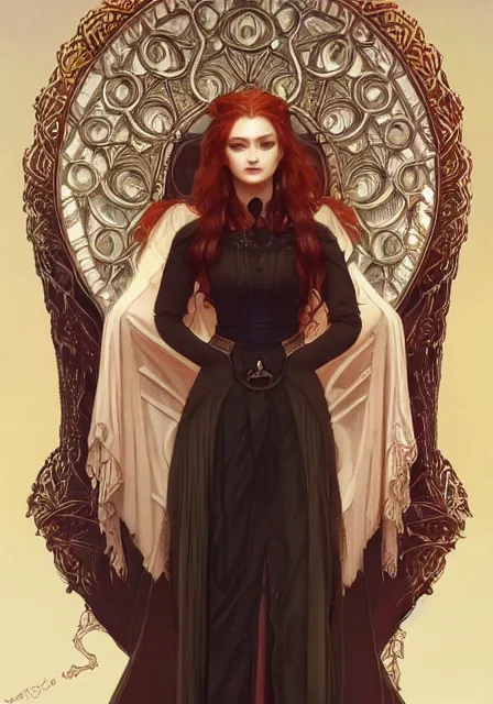 Prompt: sansa fire queen, intricate, elegant, highly detailed, digital painting, artstation, concept art, smooth, sharp focus, illustration, art by artgerm and greg rutkowski and alphonse mucha and willia m - adolphe bouguereau